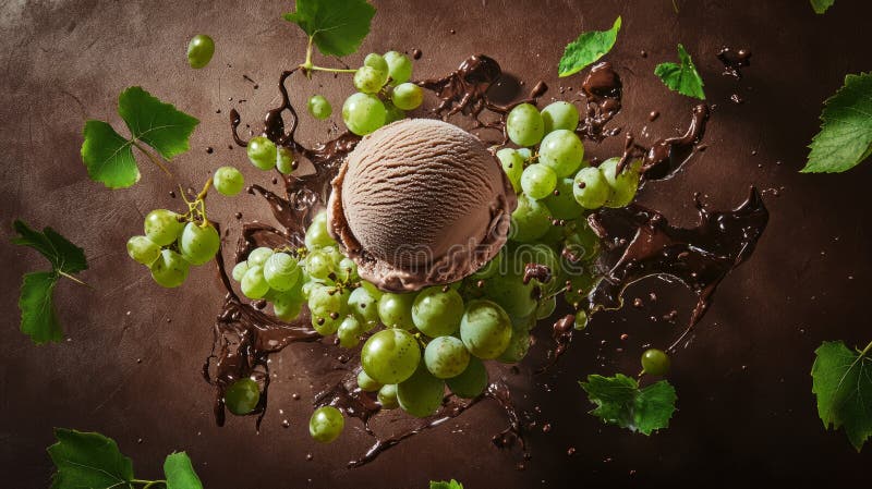 Vibrant fruit display with creamy coffee ice cream scoop art stock illustration