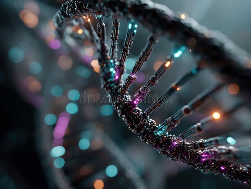 A vibrant, futuristic image of a DNA-like double helix structure with colorful light-emitting tubes, symbolizing royalty free stock images