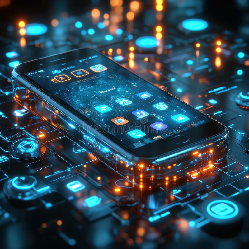 A vibrant, futuristic image showcases a floating smartphone over a complex, glowing blue and orange network symbolizing stock image