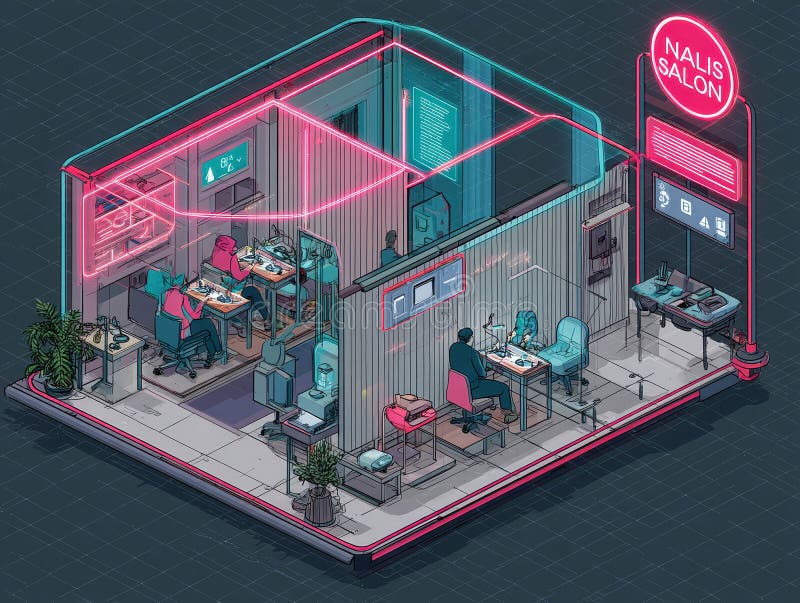 A vibrant, futuristic workspace showcasing neon lights and state-of-the-art tech for digital collaboration in an open stock image
