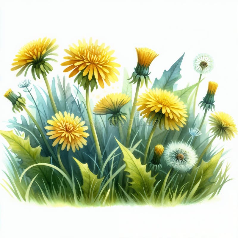 Vibrant fält för dandelioner i solljus omgiven av lush-gröngräs royaltyfri illustrationer
