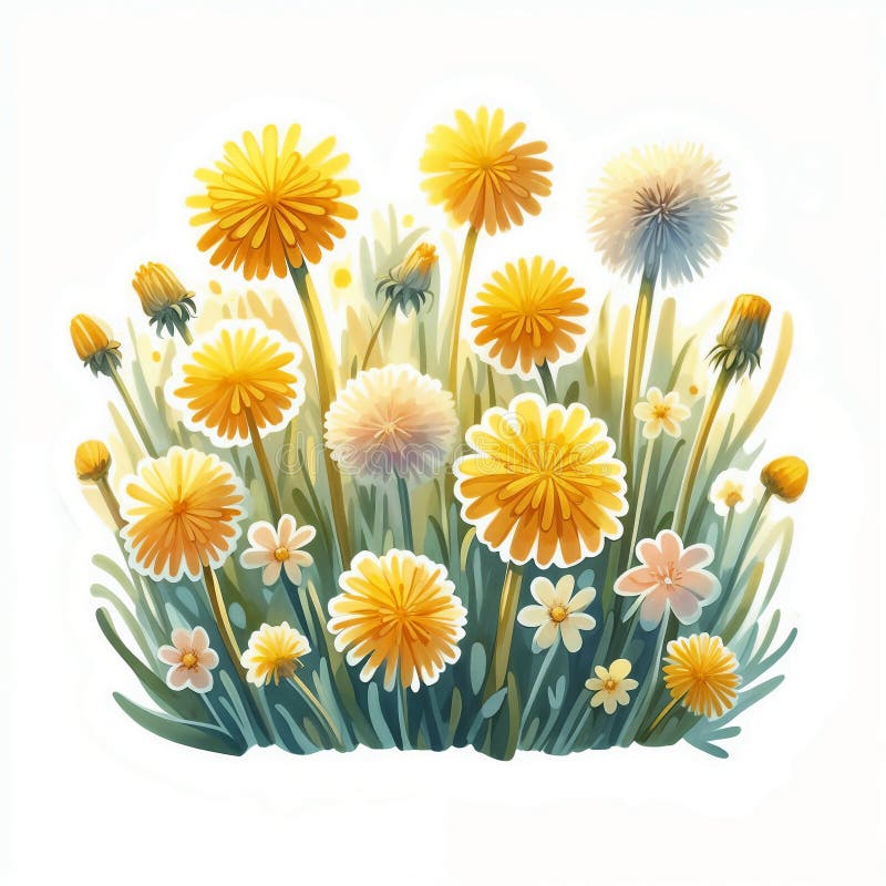 Vibrant fält för dandelioner i solljus omgiven av lush-gröngräs vektor illustrationer