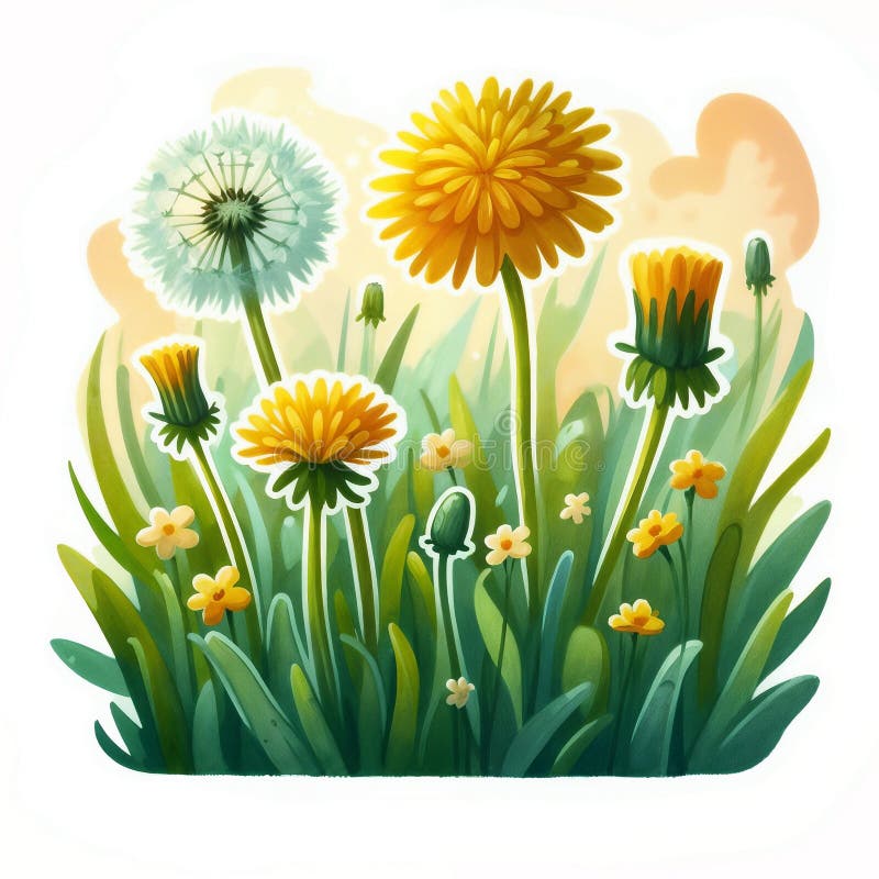 Vibrant fält för dandelioner i solljus omgiven av lush-gröngräs stock illustrationer