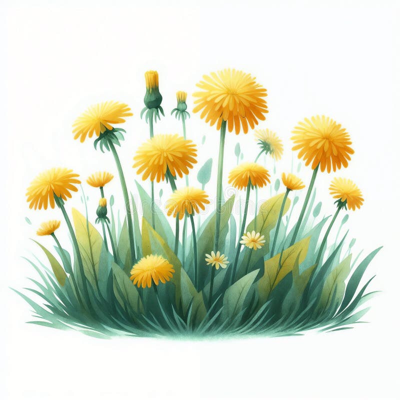 Vibrant fält för dandelioner i solljus omgiven av lush-gröngräs royaltyfri illustrationer