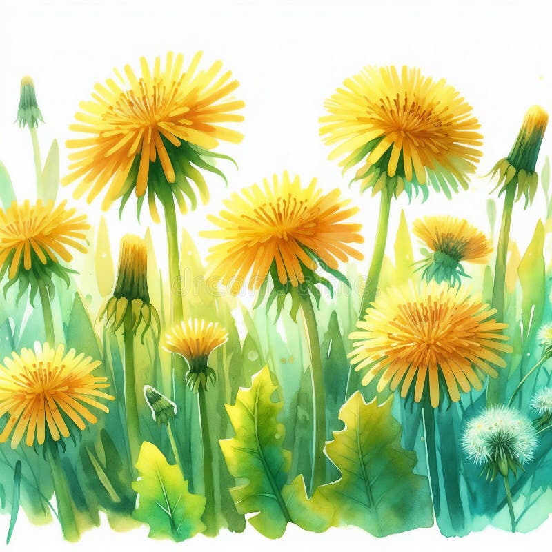 Vibrant fält för dandelioner i solljus omgiven av lush-gröngräs vektor illustrationer