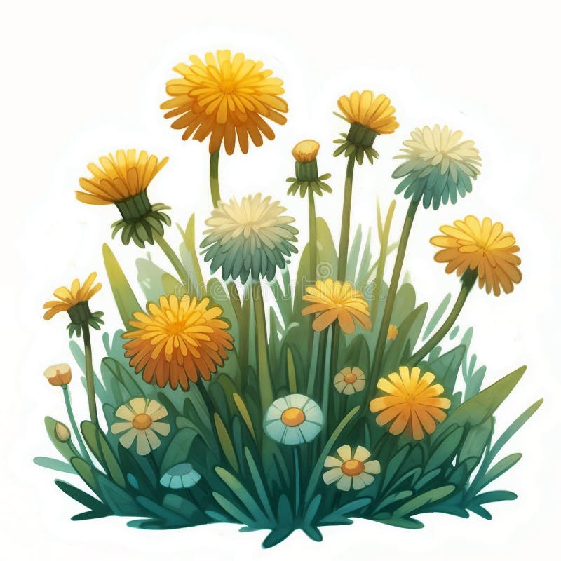 Vibrant fält för dandelioner i solljus omgiven av lush-gröngräs royaltyfri illustrationer