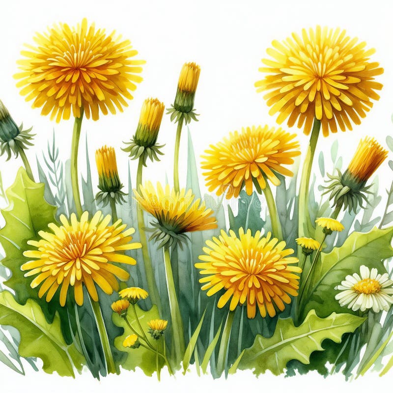 Vibrant fält för dandelioner i solljus omgiven av lush-gröngräs vektor illustrationer