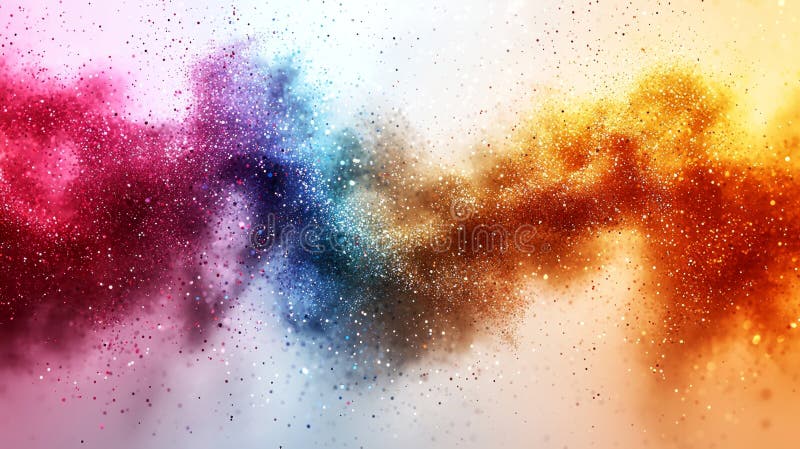 Vibrant glitter particles scatter across white surface illuminated soft glowing light. There is clear central space royalty free stock images