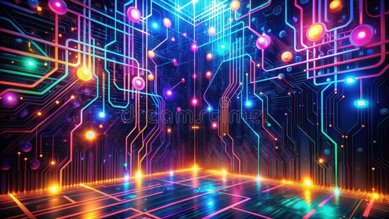 A vibrant, glowing digital circuit board environment with illuminated pathways and nodes, depicting a futuristic technological vector illustration