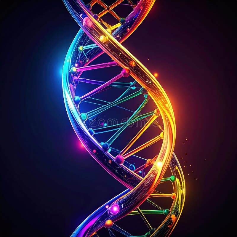 Vibrant glowing neon DNA double helix structure with colorful illuminated atoms royalty free stock image