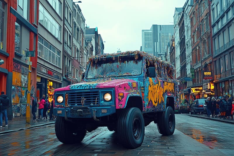 Vibrant Graffiti Jeep at City Street Parade royalty ilustracja