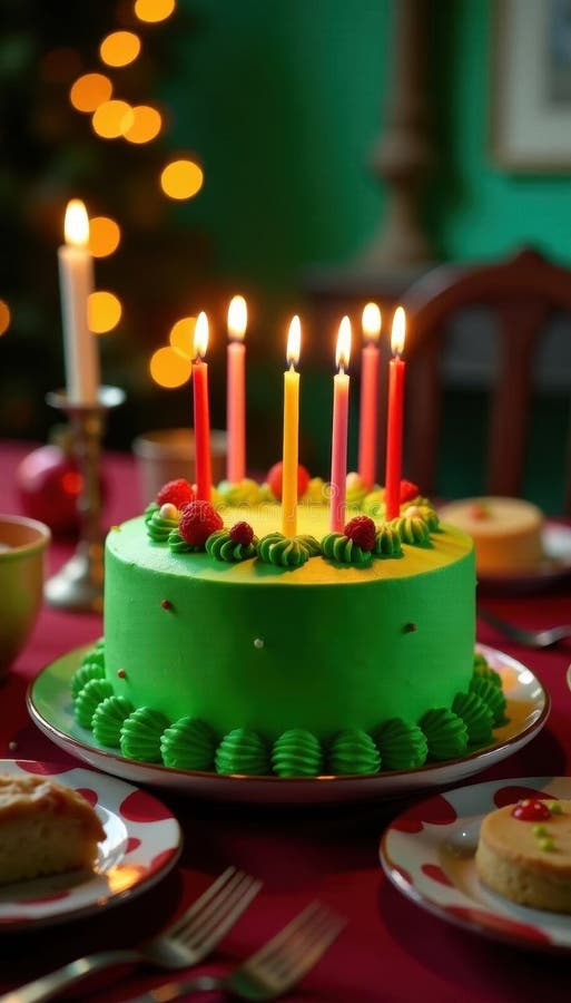 Vibrant green cake, lit candles, festive table , texture, home, pastry stock illustration