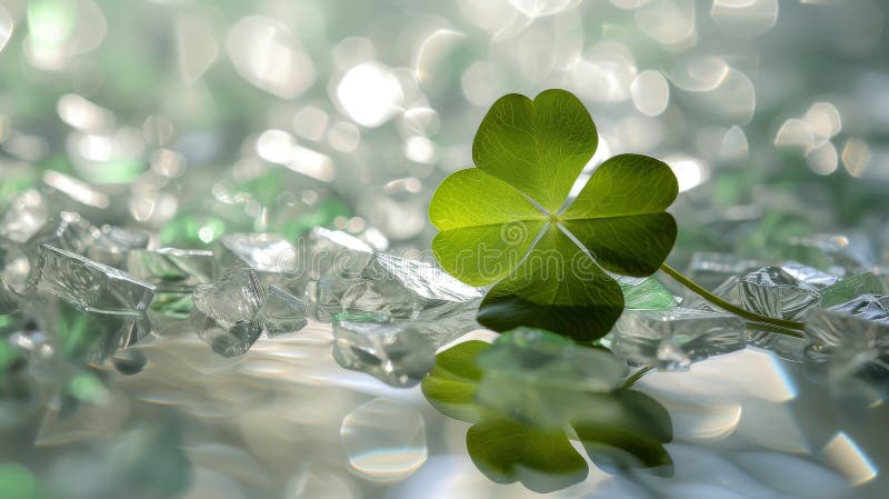 Single clover leaf with water reflections on glass surface stock image