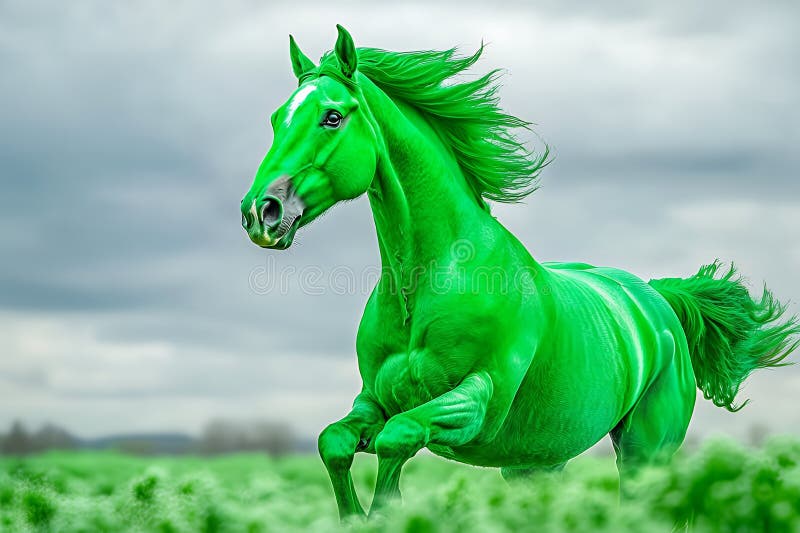 Vibrant Green Horse Galloping in Lush Green Field under Cloudy Sky royaltyfri illustrationer