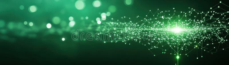 A vibrant green network of interconnected dots glows brightly, suggesting artificial ligence, digital communication, and royalty free illustration