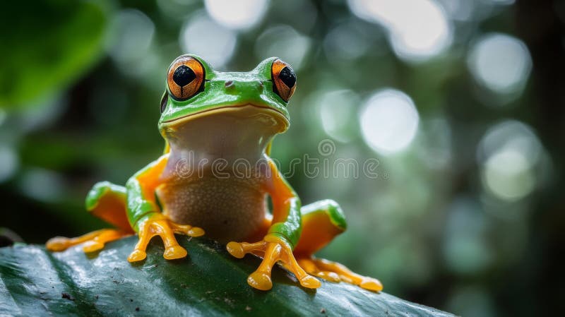 Vibrant Green And Orange Frog On Lush Green Leaf vector illustration