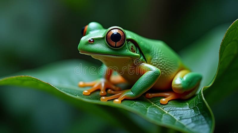 A vivid green tree frog (likely Litoria caerulea) is perched on a glossy leaf. It features distinctive orange webbed toes and large, prominent eyes with horizontal pupils. The frog's textured skin and bright color contrast sharply with the dark green of the surrounding foliage. Its generally relaxed posture indicates a moment of stillness, typical of amphibians in their natural habitat. This scene highlights the frog's adaptation for both camouflage and arboreal life in lush environments. This image was generated using AI technology and enhanced through post-processing. Contrast enhanced stock images, royalty-free photos and pictures