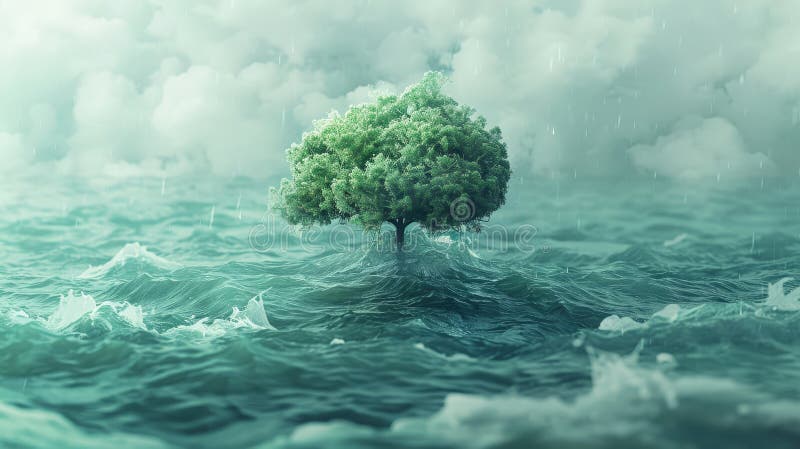 Single Lush Tree Standing Alone in Turbulent Ocean Waters Under Cloudy Sky. Generative AI stock illustration