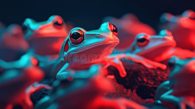 A vibrant group of colorful frogs in a surreal lighting scene stock illustration
