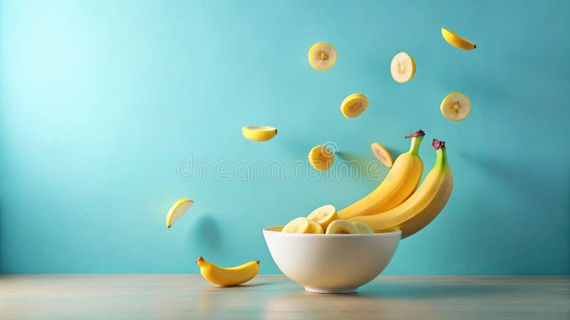 Vibrant gula bananer i rörelse är en härlig förevisning av färska fruktskivor som faller i en skål på en träyta mot en teal vektor illustrationer