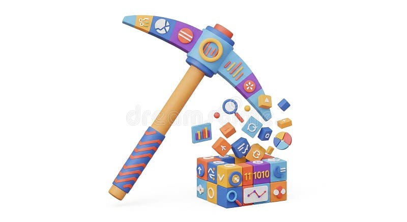 Colorful hammer breaking blocks with data icons symbolizing data analysis and problemsolving stock illustration