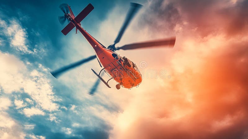A vibrant helicopter soars through the sky. The dynamic clouds create an ethereal backdrop. This image captures the royalty free stock photography