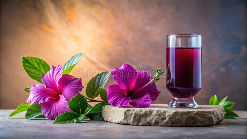 Vibrant hibiscus blodblommar och ett glas djup lila örtteinfusion vilar på en skortikstensslab. Generativ AI stock illustrationer