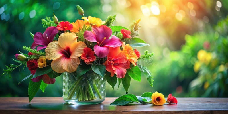 Vibrant hibiscus och exotiska blomningar i en glasvas som badas i solljus mot en lush grön bakgrund. Generativ AI royaltyfri illustrationer
