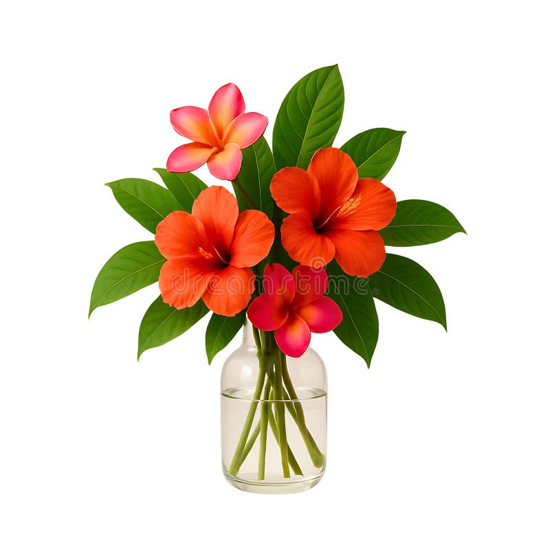 Vibrant hibiscus och frangipani-blommor i klar glasvas stock illustrationer