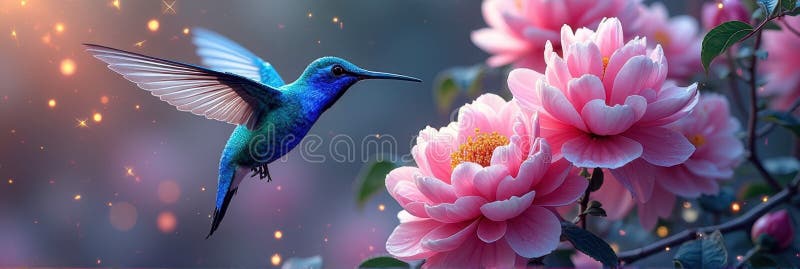 Vibrant hummingbird hovering near blooming pink flowers in a magical garden setting royalty free stock photo