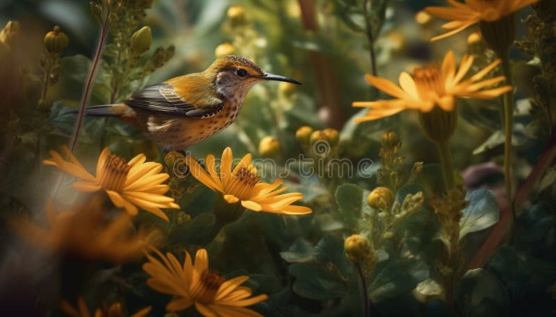 Vibrant hummingbird perches on yellow daisy in tranquil forest generated by AI stock illustration