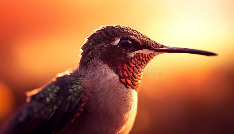 Vibrant hummingbird perching on branch, backlit by sunset orange generated by AI stock illustration