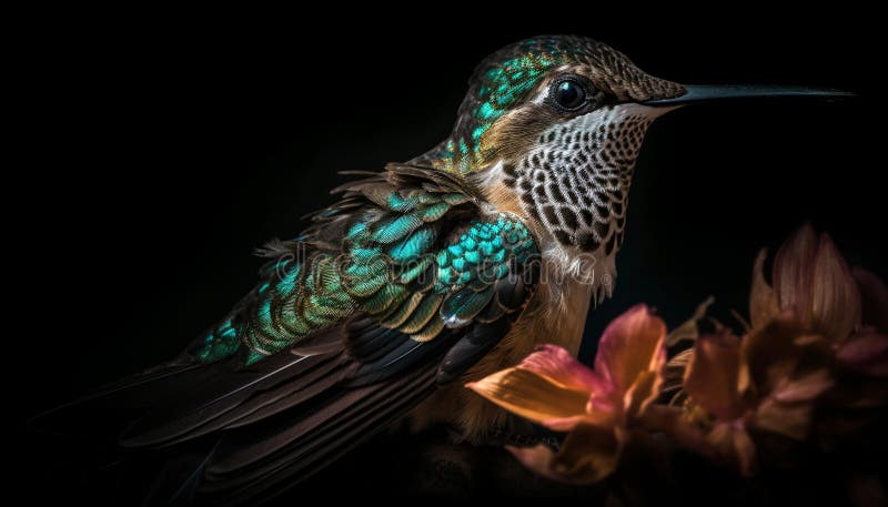 Vibrant hummingbird perching on green branch, iridescent feathers shining generated by AI stock illustration