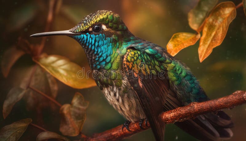 Vibrant hummingbird perching on green branch in tropical forest generated by AI royalty free illustration