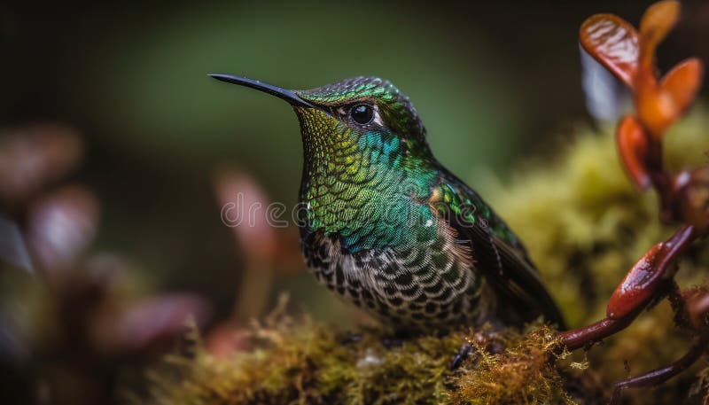 Vibrant hummingbird perching on green branch in tropical rainforest generated by AI vector illustration