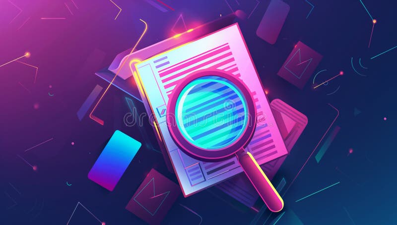 A vibrant illustration of an abstract digital document with a magnifying glass royalty free illustration