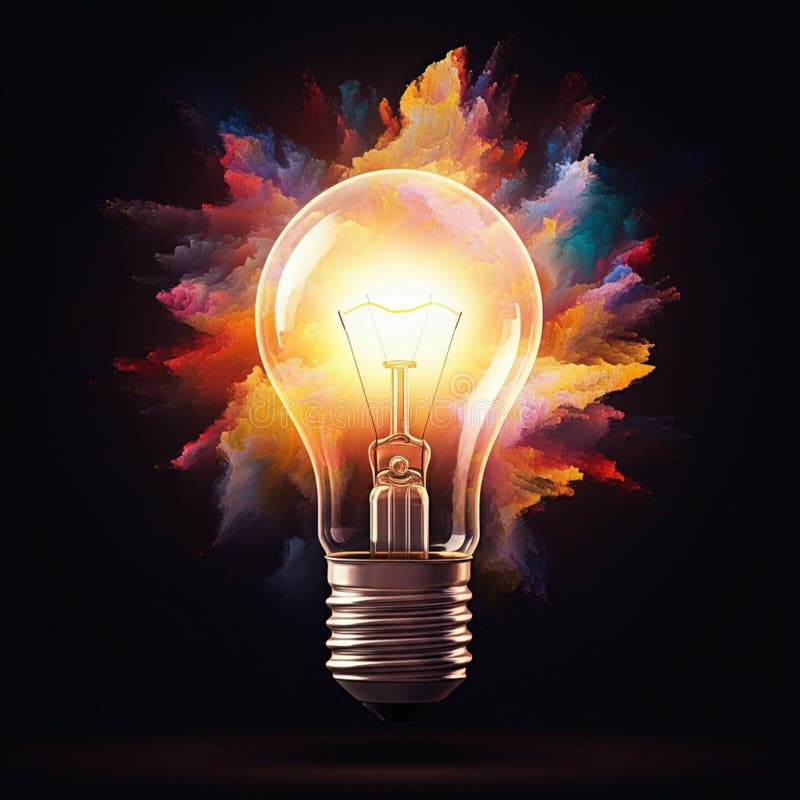 AI-Generated Image: Lightbulb Surrounded by a Burst of Colorful Paint, Symbolizing Creativity and Innovation stock illustration