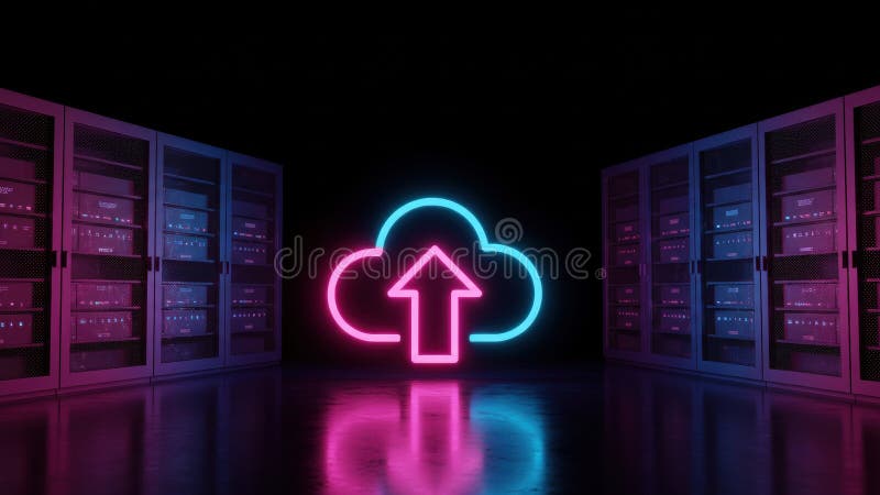 Neon Cloud Upload to Server stock illustration