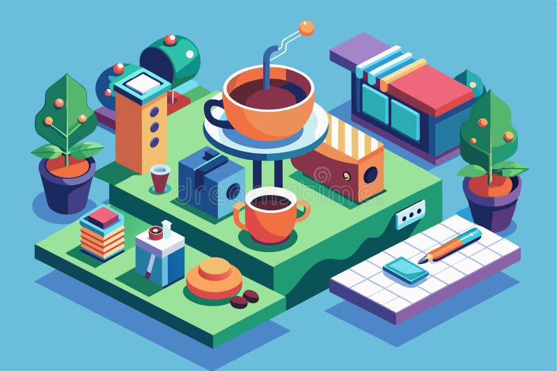 A vibrant isometric depiction of a coffee break, featuring cups, coffee equipment, and greenery arranged in a modern workspace royalty free illustration