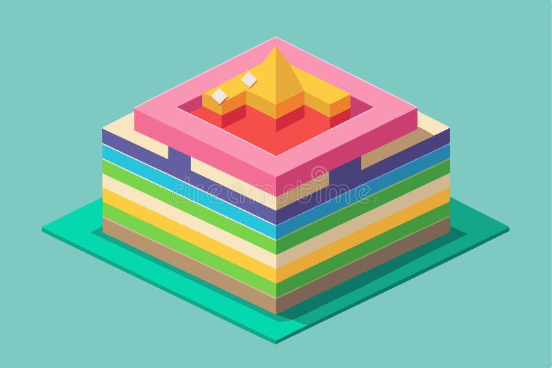 A vibrant isometric depiction of a customizable rainbow cake featuring colorful layers and decorative elements, Rainbow cake stock illustration