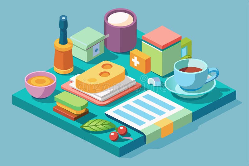 A vibrant isometric depiction showcasing various breakfast elements including tea, cheese, and snacks, Morning essential royalty free illustration