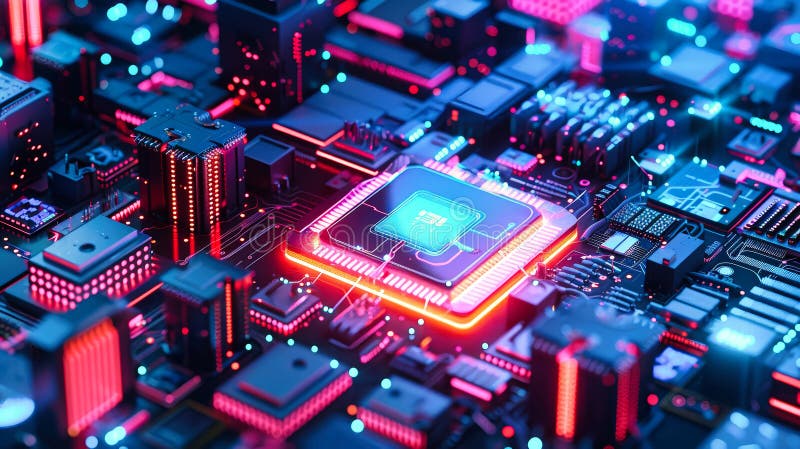 A vibrant isometric rendering of a computer chip and circuit boards, illustrating a futuristic city powered by artificial vector illustration