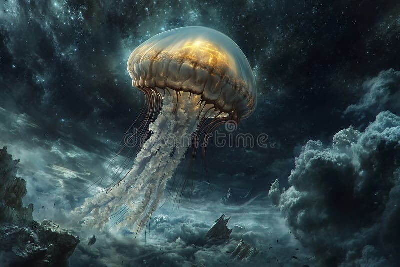 Colorful jellyfish floats gracefully under the night sky in an ethereal celestial display. A vibrant jellyfish swims through dark waters, its glowing tentacles trailing gracefully behind. Stars AI generated