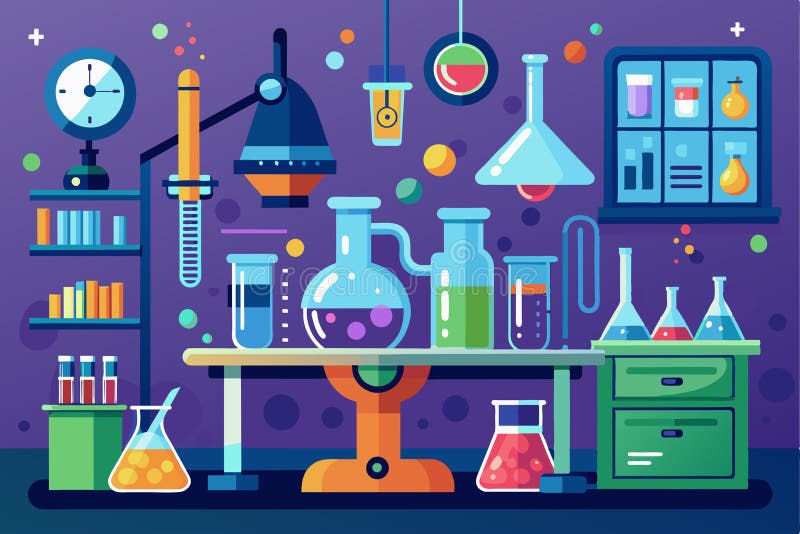 A vibrant laboratory filled with glass flasks, beakers, and scientific tools set in a colorful and engaging environment royalty free illustration