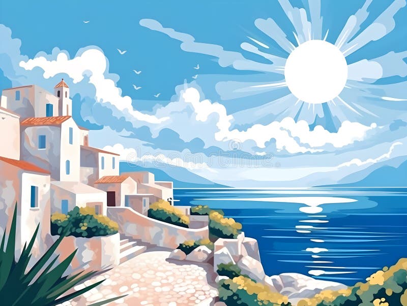 Vibrant landscapes of the Mediterranean coast, depicting white-washed village - generative AI