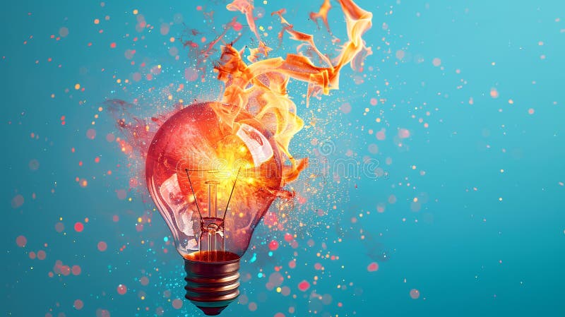 A vibrant light bulb exploding with colorful flames against a blue background, symbolizing creativity vector illustration
