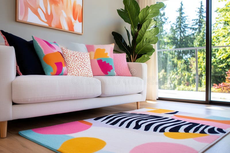 Vibrant living room with abstract animal print rug and colorful cushions stock photos