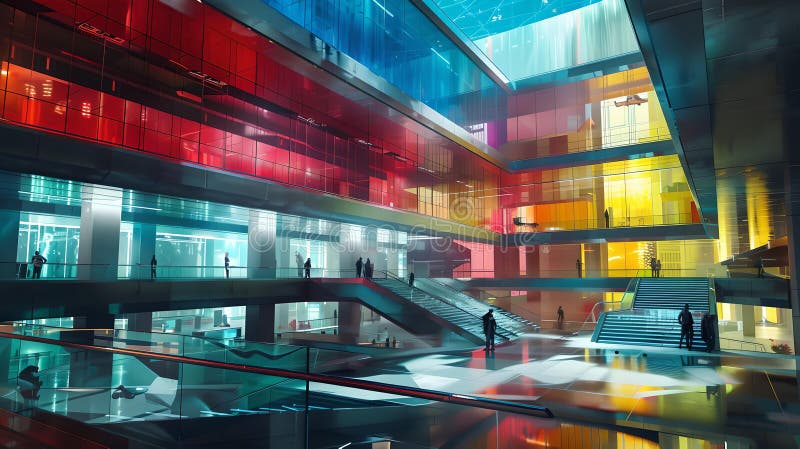 Arhitectură modernă vibrantă, design interior futurist, persoane într-un spațiu de lobby colorat, captat într-un spațiu dinamic stock image