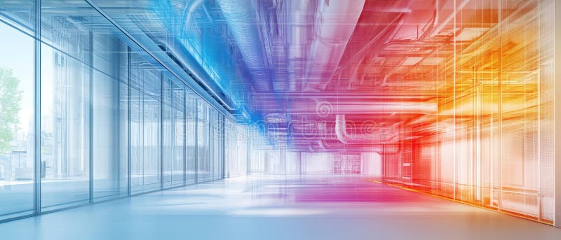 Modern Industrial Space with Colorful Light and Transparent Elements vector illustration