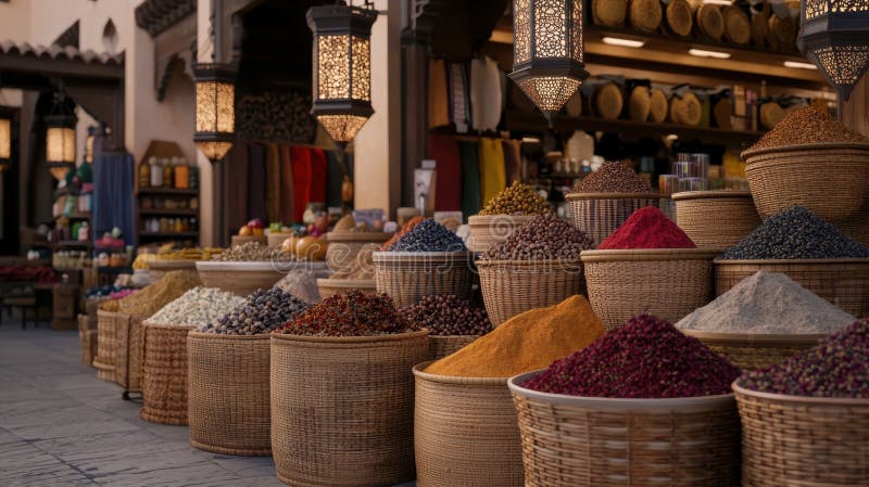 Vibrant Moroccan Souk Market visar Spices Textiles and Artisan Crafts in Bustling Environment stock illustrationer
